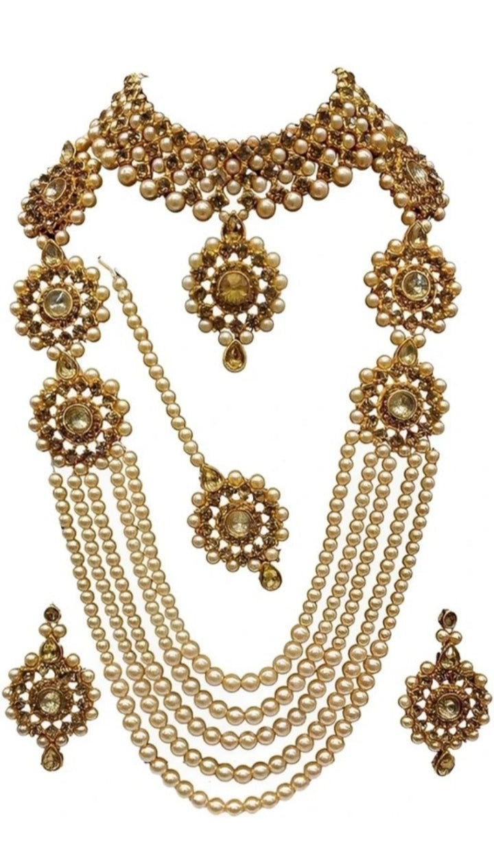 Complete traditional alloy necklace set with earrings and maang tikka for bridal wear