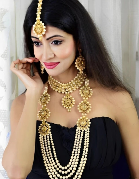 Elegant gold-plated alloy necklace set with maang tikka for women – traditional Indian jewelry